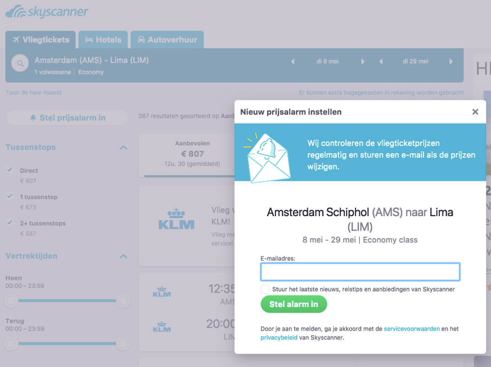 Printscreen van Skyscanner