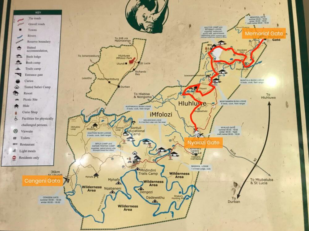 Kaart van het Hluhluwe National Park